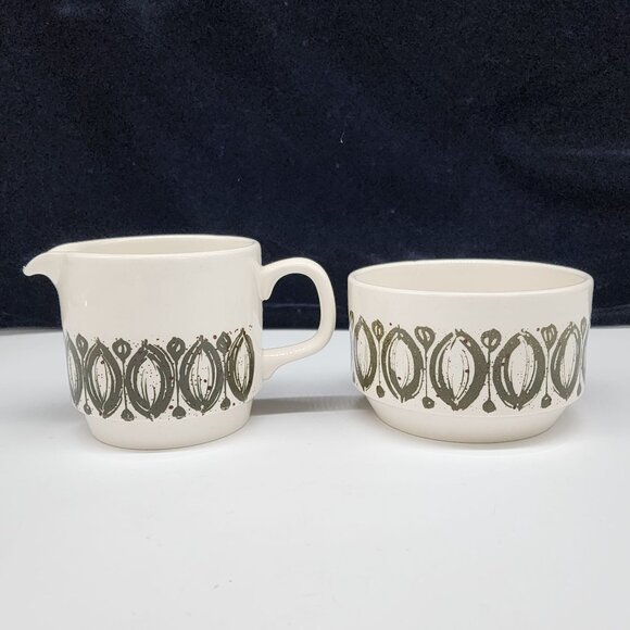 MCM Bilton England Cream and Sugar Bowl Ceramic White Green Ovals VTG - Picture 5 of 9